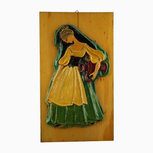 Large Art Deco Ceramic Plaque in Bas-Relief Depicting a Woman Carrying Water by Giovanna Boschi, Italy, 1960s