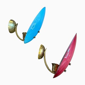 Mid-Century Modern Italian Brass and Opaline Glass Wall Sconces, 1950s, Set of 2