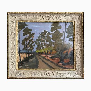 Tree-Lined Country Road, 1920s-1940s, Oil Painting, Framed
