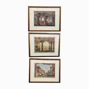 Eug Cicéri, Theaterdekoration, 19. Jh., Aquarellierte Gravuren, Gerahmt, 3er Set