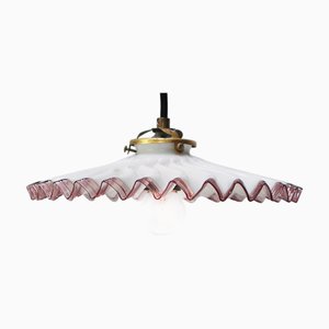 French Brass Pendant Light with Purple Edge Opaline Glass Shade