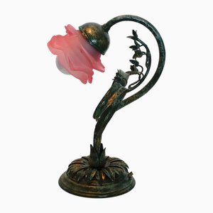 Green Patinated Metal Rose Glass Shade Table Lamp, 1970s