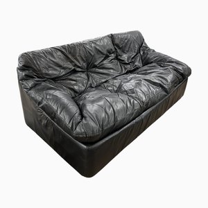 Cinna Black Leather Sofa, 1970