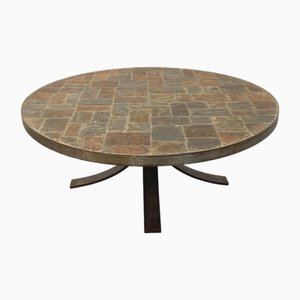 Tavolino da caffè vintage brutalista rotondo in metallo e ardesia, anni '70