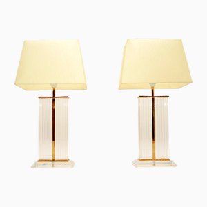 Vintage French Acrylic Glass and Brass Table Lamps, 1970, Set of 2