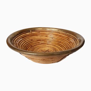 Vintage Italian Rattan and Brass Basket Bowl, 1970s