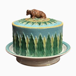 Majolica Cow Cheese Dome and Stand by George Jones, Set of 2