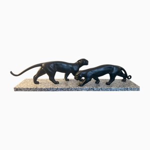 Lucien Alliot, Art Deco Skulptur von Zwei Panthern, 1925, Bronze