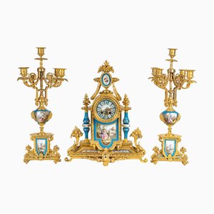 Gilded Bronze and Sèvres Porcelain Mantelpiece Set, Set of 3