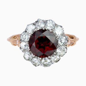 Garnet Diamonds 18 Karat Yellow Gold Platinum Daisy Ring, 1890s