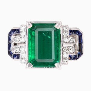 18k White Gold Ring with 3.44 Carats Emerald and Sapphires and Diamonds