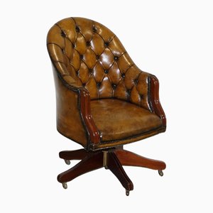 Silla de escritorio Chesterfield antigua de estilo georgiano en cuero teñido a mano