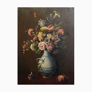 Flowers in a Vase and Peach, Oil on Canvas