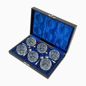Englisches Salzstreuer Set aus Kristallglas & Silberplatten von James Dixon & Sons, 1920er, 12 Set