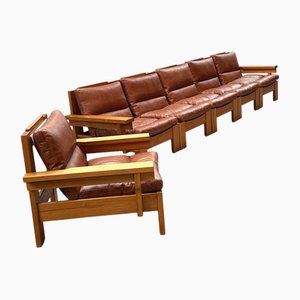 Modular Sectional Sofa in Pine and Leather, 1970s, Set of 6