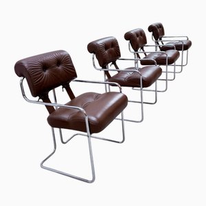 Tucroma Chairs in Brown Leather and Chrome by Guido Faleschini for I4 Mariani, Italy, 1970s, Set of 4