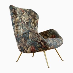 Moderner Italienischer Midcentury Ohrensessel mit Blumenmuster aus Jacquard-Stoff, 1950er