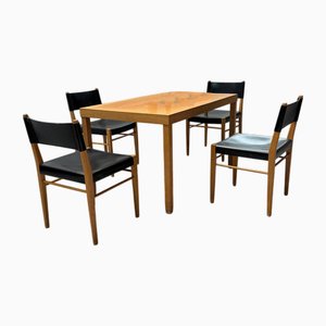 Hellerau Extendable Dining Table and Chairs in Oak and Saddle Leather by Helmut Magg for Deutsche Werkstätten, 1950s, Set of 5