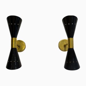 Apliques de pared italianos de latón y aluminio, años 50. Juego de 2