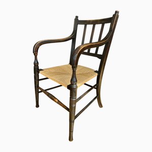 Antique English Arts & Crafts Elbow Chair with Rush Seat, 1900s