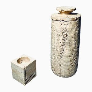 Travertine Jar and Candleholder from Fratelli Mannelli, Italy, Set of 2