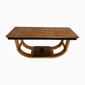 Italian Art Deco Console Table in Inlaid Walnut Root Wood with Deer Decorations, 1930s