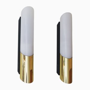 Tube Wall Lights in Brass and White Glass from Glashütte Limburg, 1990, Set of 2
