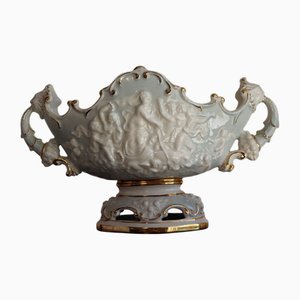 Gondelförmiger Barock Tafelaufsatz aus Capodimonte Keramik in Weiß, Hellblau & Gold, 1950er