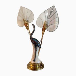 Skulpturale Lampe im Pavia Stil aus Keramik, vergoldetem Messing & geätztem Milchglas, 1970er-1980er
