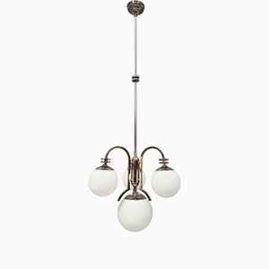 Art Deco Chrome Chandelier with Opaline Glass Shades, 1930s