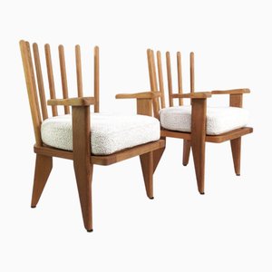 Oak and Fabric Dining Chairs attributed to Guillerme et Chambron for Votre Maison, 1960s, Set of 2