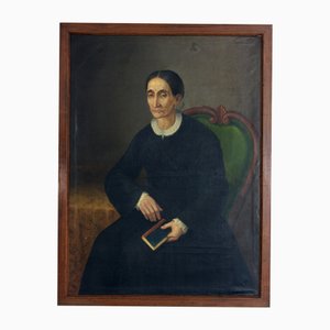 Artista italiano, Retrato de mujer sosteniendo un libro, óleo sobre lienzo, Enmarcado