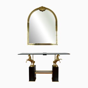 Italian Console with Brass Wall Mirror, 1970s, Set of 2