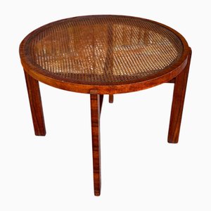 Vintage Art Deco Round Side Table with Cane Top and Walnut Wooden Frame, 1930s