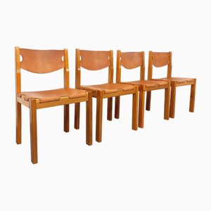Vintage Chairs in Elm and Leather from Maison Regain, 1970s-1980s, Set of 4