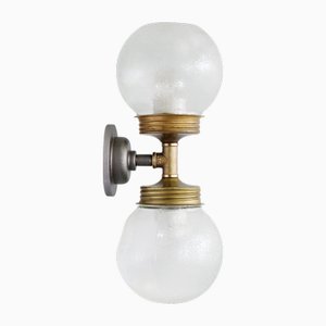 Vintage Double Sconce in Cast Iron with Frosted Glass and Brass