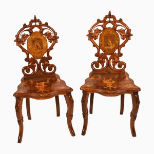 Set of Antique Swiss Walnut Marquetry Inlaid Hall Chairs, 1800s