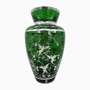 Large Venetian Emerald Green Glass Vase with Silver Overlay Decorations, 1930s