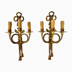 Antique French Bronze Wall Sconces in Oak, Set of 2