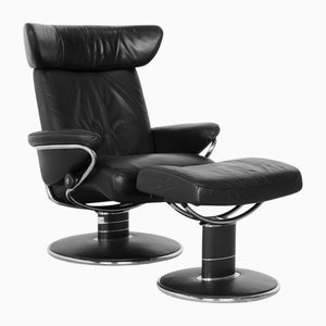 Set of Jazz Armchair and Ottoman in Black Leather from Stressless