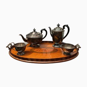 Georgian Mahogany Tray with Marquetry Inlay and Silver-Plated Tea Service, Set of 5