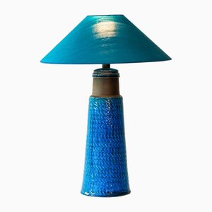 Tischlampe aus Keramik in Aqua & Braun mit blauem Lampenschirm aus Seide, R. Houben zugeschrieben, 1950er