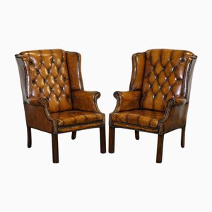 Set of Chesterfield Wingback Armchairs in Hand Dyed Brown Leather, 1960s