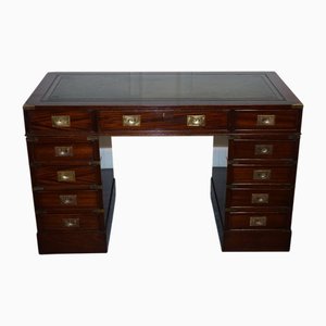 Fine Military Campaign Twin Pedestal Desk with Green Leather Top