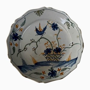 Assiette Antique La Rochelle en Faïence avec Panier et Décoration Oiseau, 1800s