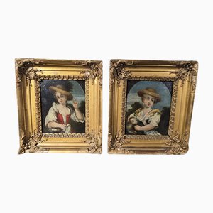 Young Shepherdesses, 1870, Oil Paintings on Panel, Set of 2