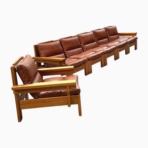 Modular Sectional Sofa in Pine and Leather, 1970s, Set of 6