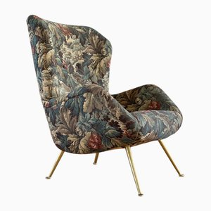 Italienischer Ohrensessel mit Blumenmuster aus Jacquard Stoff, 1950er