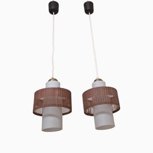 Vintage Hängelampen aus Teak mit undurchsichtigen weißen Glasschirmen, 1970er, 2er Set