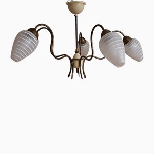 Mid-Century German Brass 5-Light Chandelier with White Patterned Glass Shades, 1950s